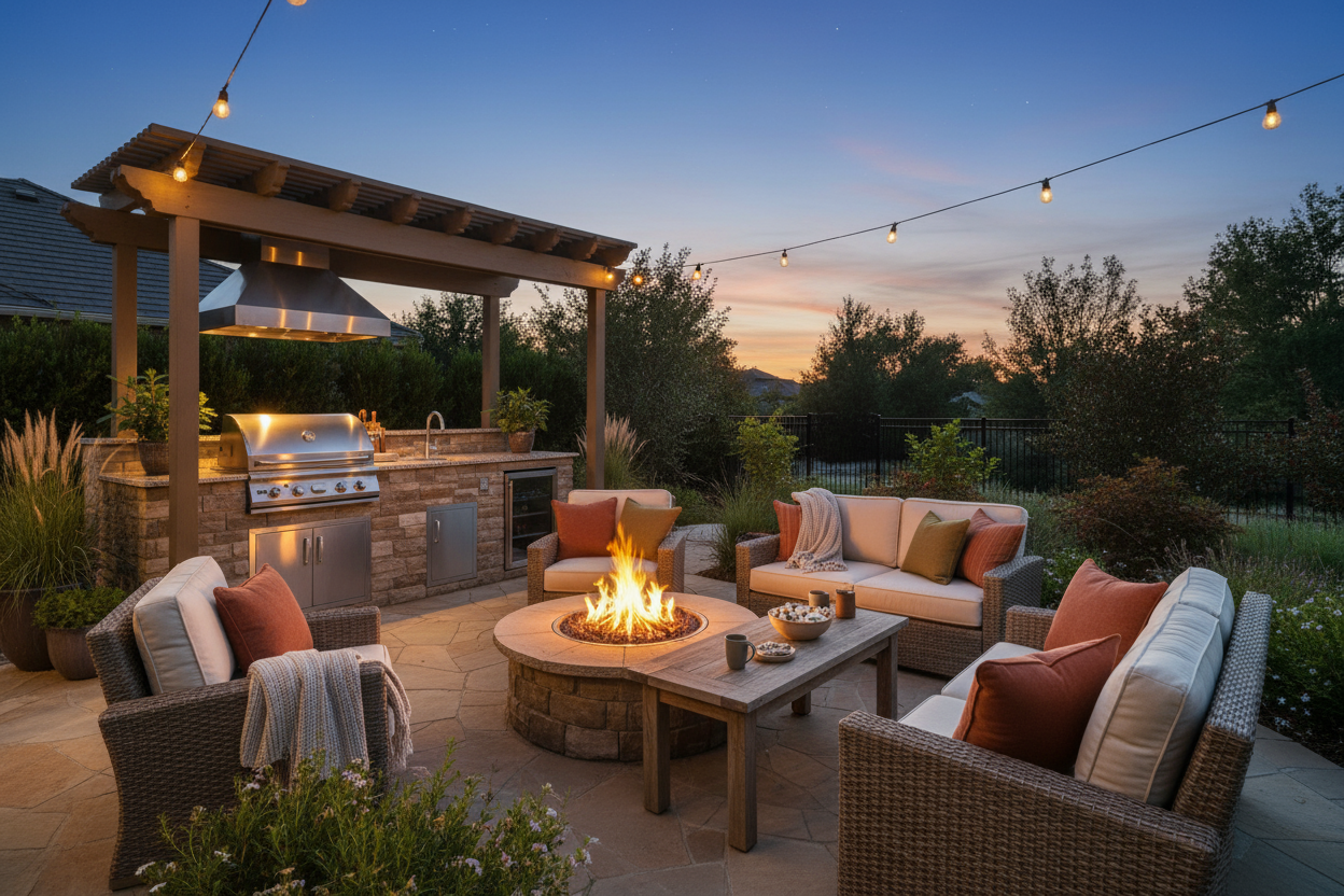 firepit with furniture and kitchen in the background