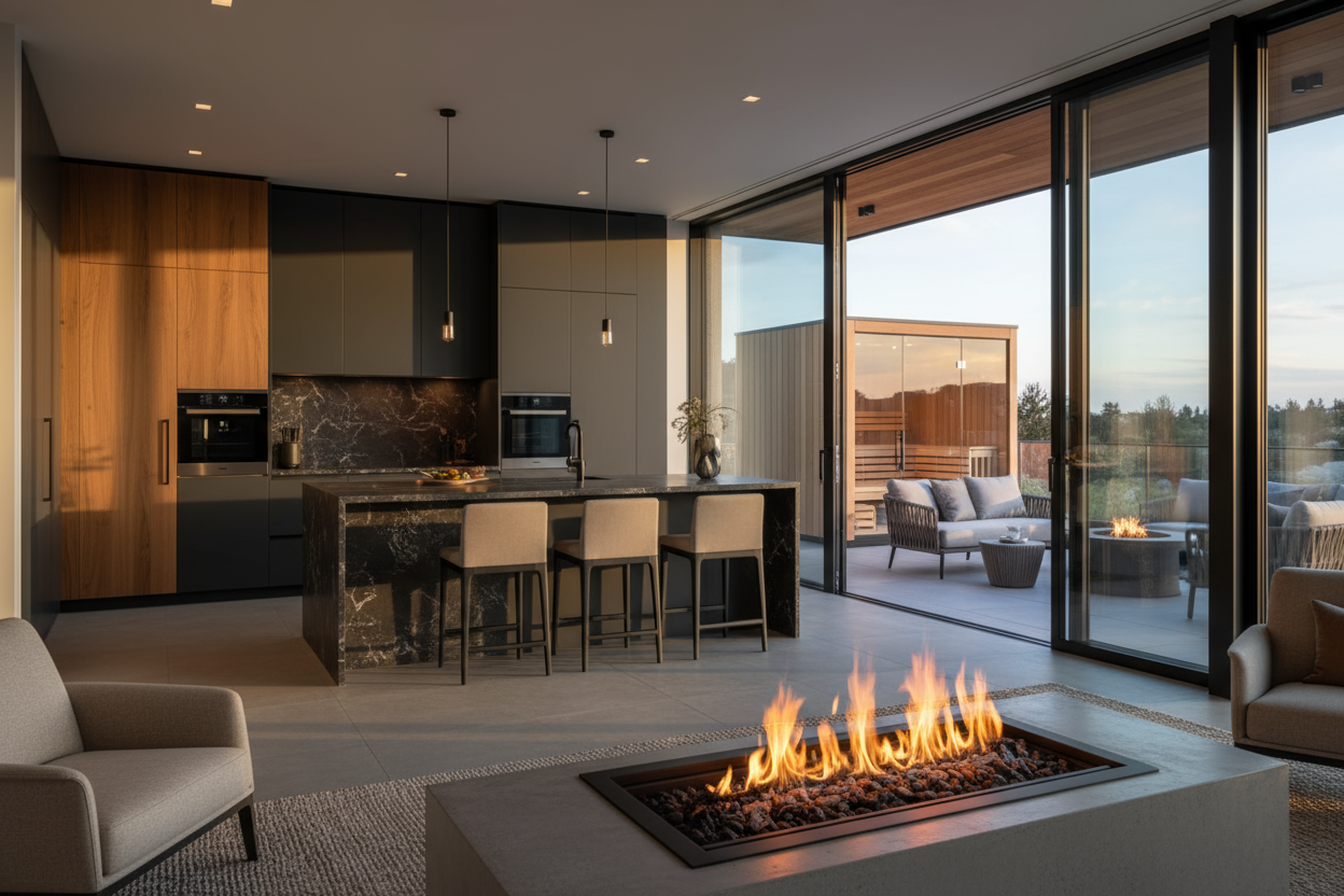 indoor fireplace with indoor kitchen in sight looking outside and outside has a sauna and furniture