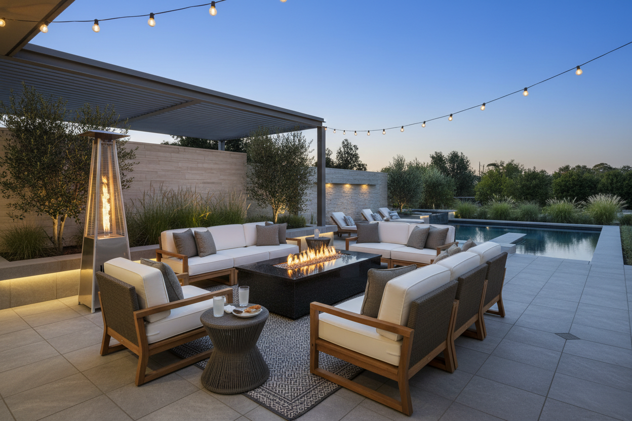 luxury fire pit with outdoor furniture and heater