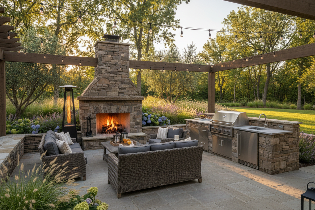 outdoor fireplace with furniture, heater, and kitchen
